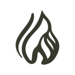 Stylized dark gray flame logo on white background