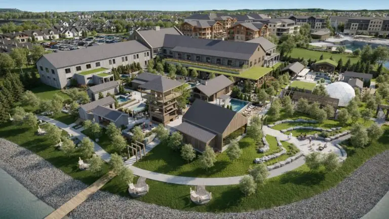 Aerial view of a new outdoor wellness resort in Alberta, Canada, featuring pools and modern architecture.
