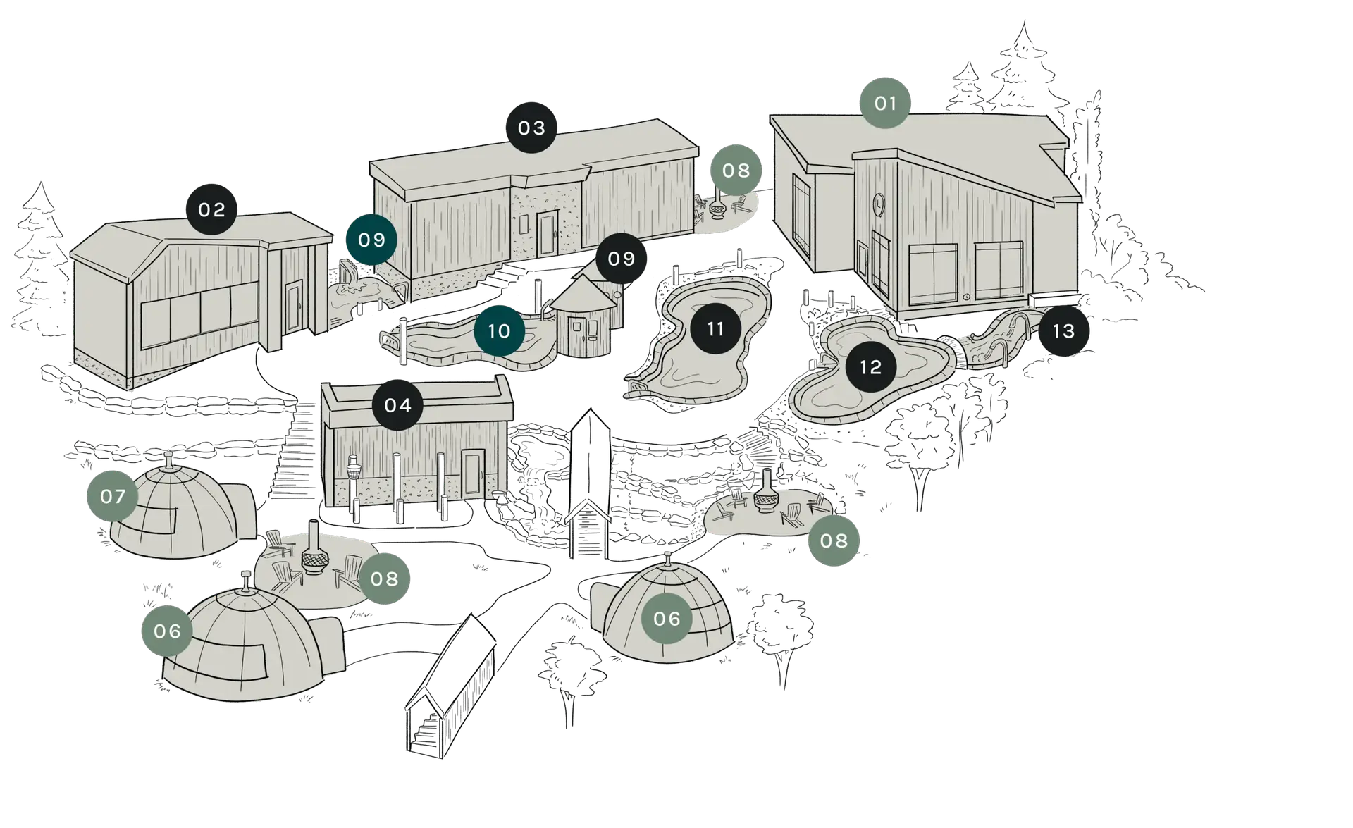 Map of thermal therapy spa with numbered cabins, pools, and domes.