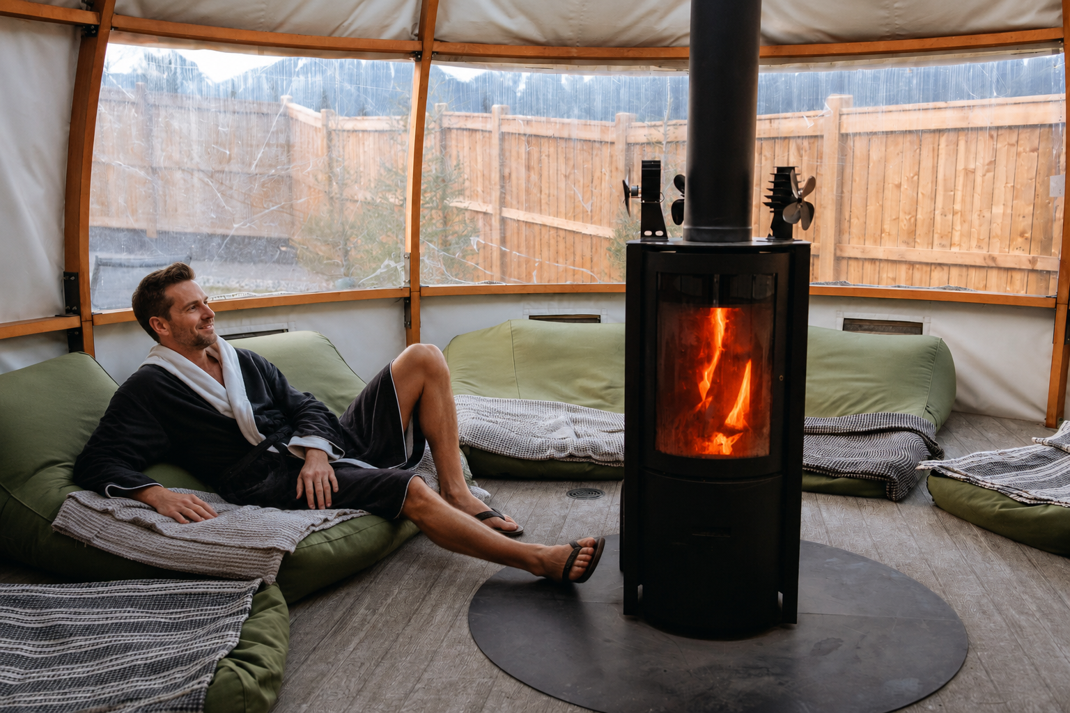 Man in robe relaxing by fireplace after cold plunge in yurt